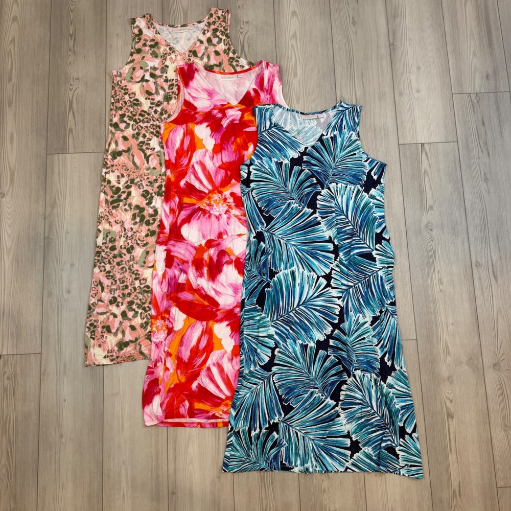 Lot of 3 Belle Kim Gravel Tropical Sleeveless Maxi Dresses V-Neck Medium Petite